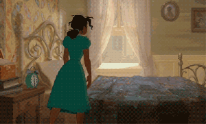 princess tiana falls on bed exhausted